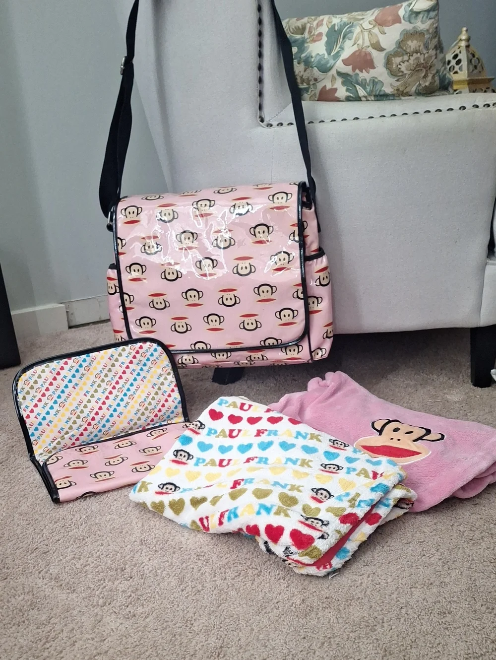 Y2K Vintage Paul Frank Pink Monkey Print Diaper Bag, Changing Pad, 2 Blankets